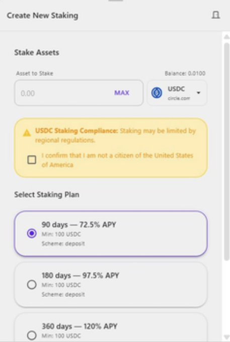 The image shows a "Create New Staking" interface for USDC staking with a balance of 0.0100 and plans offering 72.5% APY for 90 days, 97.5% APY for 180 days, and 120% APY for 360 days. This staking interface relates to the post's discussion of the RWA track and the SL8 staking event, illustrating a specific staking mechanism with attractive APY rates for digital asset holders.