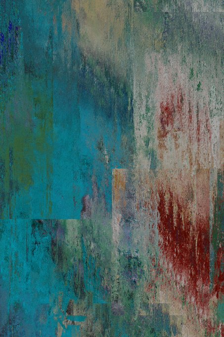 An abstract painting featuring textured vertical strokes in shades of teal, green, and rust red.