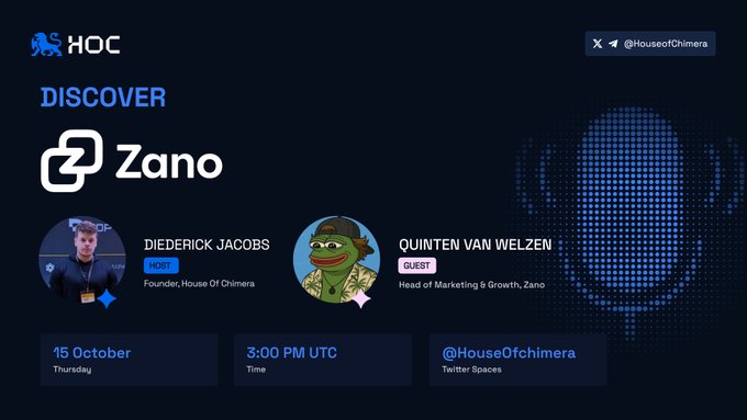 Promotional graphic for a House of Chimera ("HOC") Twitter Spaces event titled "Discover Zano," featuring host Diederick Jacobs and guest Quinten Van Welzen, Head of Marketing & Growth at Zano, scheduled for 15 October at 3:00 PM UTC, tied to a discussion about Zano's HF6 update that removes a major barrier for exchanges and bridges supporting privacy coins like gateway addresses.