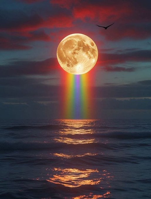 A surreal nighttime ocean scene featuring a large glowing moon emitting a vibrant rainbow beam down onto the water's surface, with a bird flying nearby.