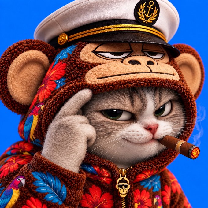 A digital illustration of a serious-looking cat wearing a captain's hat and a brown hoodie with colorful tropical leaf patterns, smoking a cigar against a bright blue background.