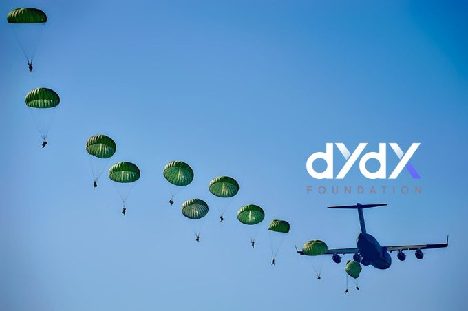 The dYdX Foundation logo overlaid on a photograph of a military cargo plane with multiple paratroopers descending under green parachutes against a blue sky.