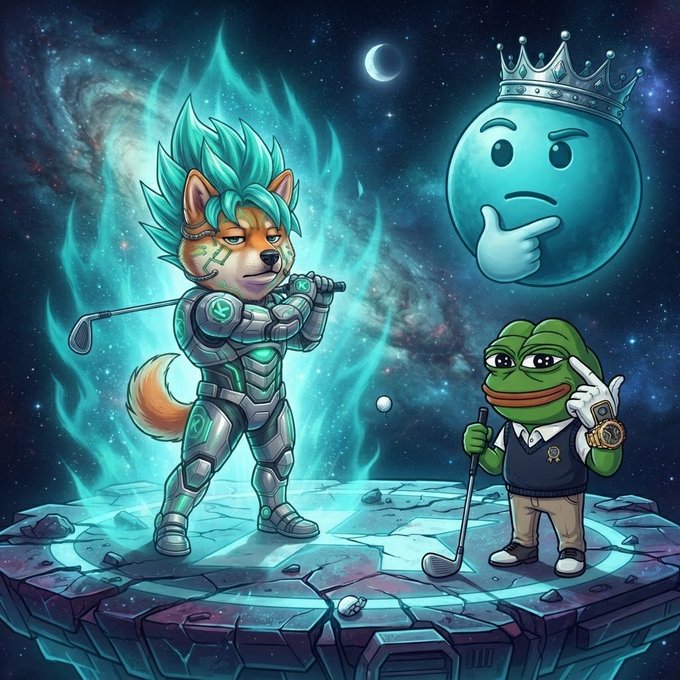 An animated illustration featuring a Shiba Inu character with glowing teal hair in futuristic armor holding a golf club, facing off against a Pepe the Frog character with a thinking crown emoji, set in a cosmic golf arena.