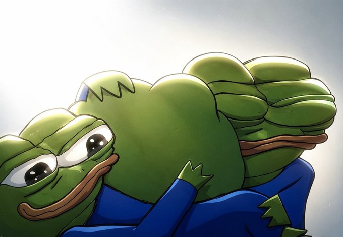 A digital illustration of a muscular green frog (Pepe) wearing a blue outfit, lying on its back with a sad, glossy-eyed expression against a bright background.