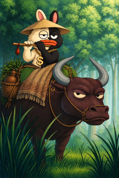 The image shows a cartoon character wearing a conical straw hat and a gold "$" chain, riding a grumpy-looking bull through a lush forest while playing a flute. This whimsical "bull rider" scene serves as a playful visual hook for the $BORO airdrop promotion, using the imagery of a confident rider atop a powerful bull to attract crypto users to claim their tokens.