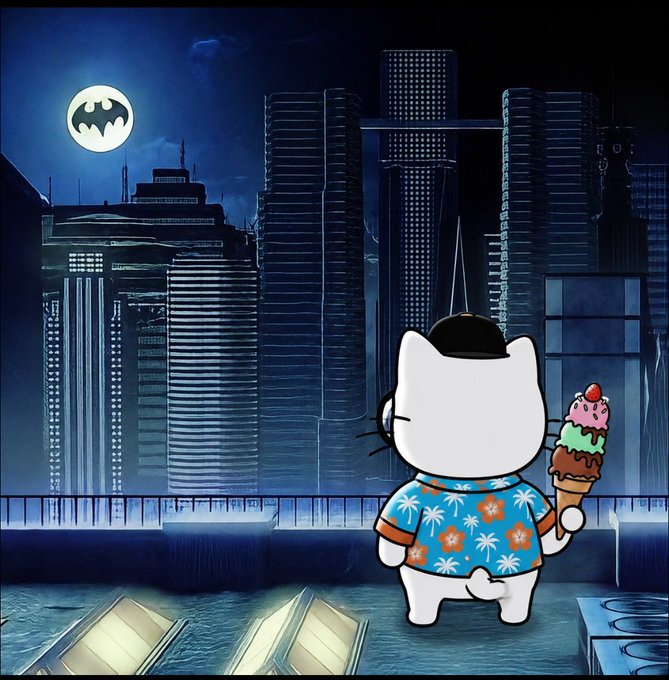 The image features a cartoon cat holding an ice cream cone, standing on top of a rooftop at night. The cat appears to be looking out over the city skyline below. The caption for the image reads "Good night all. @quipnetwork Quantum Network is already showing serious momentum: 13K+ active Testnet users $1M+ in TVL 500+ nodes powering the network 150 k Create campaign Thriving community with real participation".