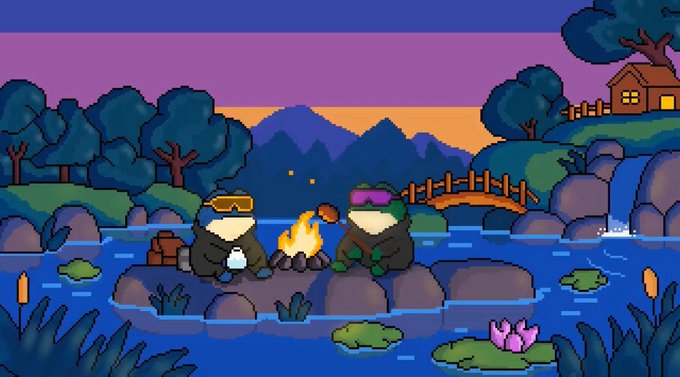 Pixel art illustration of two anthropomorphic frog characters wearing sunglasses and headbands roasting a marshmallow over a campfire by a serene lake at sunset.