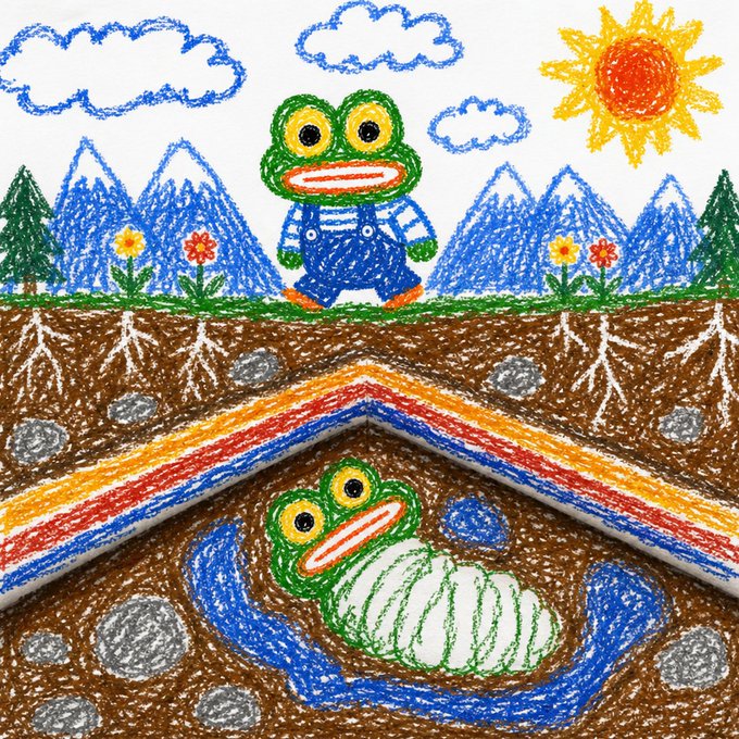 A colorful child's crayon drawing depicting a cross-section of the earth, showing a green frog character on the grassy surface with mountains, clouds, and a sun, and a worm-like version of the same frog character underground among roots and rocks.