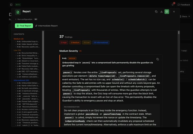 A screenshot of Certora's AI Auditor dashboard displaying a security report titled "Run configuration" with 37 findings, including a highlighted medium severity issue (N-#1) identifying that an "Unbounded loop in 'pause()' lets a compromised Safe permanently disable the guardian via gas griefing," with a recommendation section below.