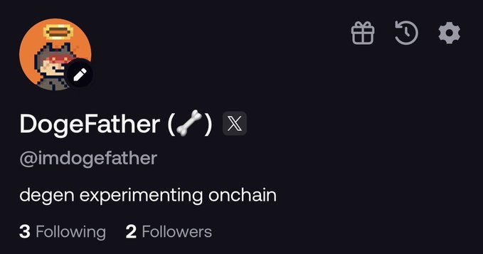 A Twitter/X profile for 'DogeFather' (@imdogefather) with the bio 'degen experimenting onchain', showing 3 Following and 2 Followers, featuring a pixel art avatar.