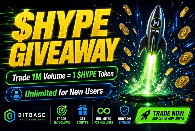 Promotional banner for '$HYPE GIVEAWAY' on BITBASE, featuring a rocket launching with bitcoin coins and offering tokens for new users based on trading volume.