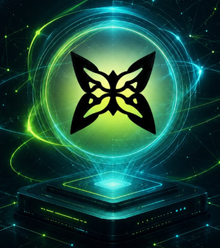 A digital artwork depicting a black butterfly symbol centered within glowing cyan and green energy rings above a futuristic device.