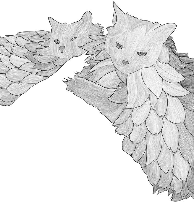 Black and white line art illustration of two stylized cats with leaf-like fur patterns, one curled up and one sitting upright.