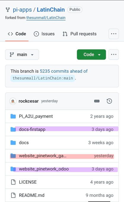 A GitHub repository page for 'pi-apps / LatinChain' shows it is forked from 'thesunmall/LatinChain', with a list of files including 'PI_A2U_payment' and 'docs-firstapp'.