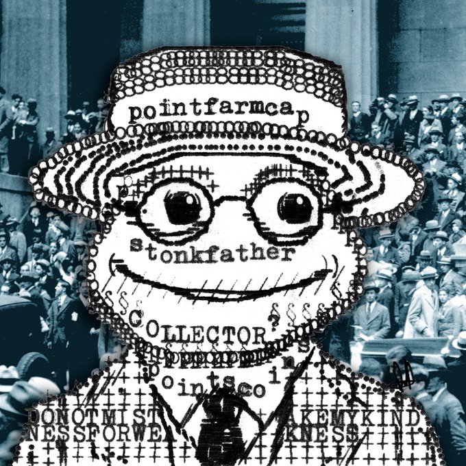 A black-and-white illustration of a smiling toad wearing a straw hat, round glasses, and a checkered suit stands in front of a crowd, with text overlay reading "pointfarmcap," "stonkfather," "COLLECTOR," "pointsco," and a partially visible phrase about kindness—serving as the "Poet Toad #84" tribute to pointfarmcap's $TOADS auction.