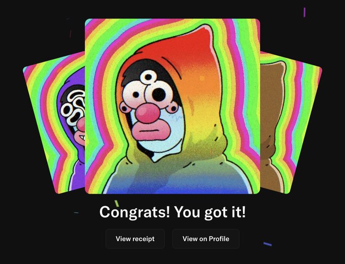 A digital interface celebrates a successful acquisition with "Congrats! You got it!" displayed below three colorful, psychedelic NFT cards featuring a cartoon character.