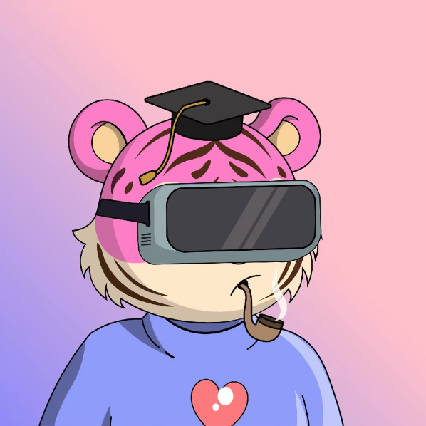 A cartoon character wears a black graduation cap, a pink brain-patterned hood, and a large VR headset while smoking a pipe, against a pink and purple background.