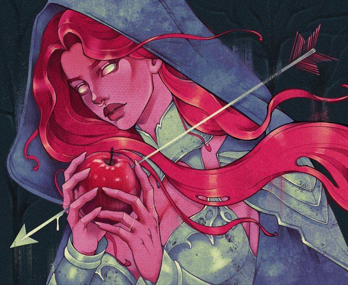 A colorful illustration of a woman with flowing red hair wearing armor and a hood, holding a red apple in her hands, with an arrow piercing through the scene.