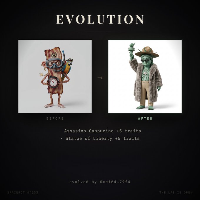 An "EVOLUTION" graphic shows a before/after comparison: a wooden log character with diving goggles becomes a Statue of Liberty figure in a fur coat and hat, with text noting "Assasino Cappucino +5 traits" and "Statue of Liberty +5 traits."