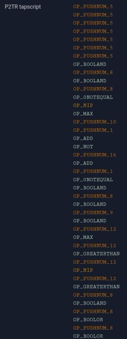 A dark-themed screenshot displays a column labeled "P2TR transcript" listing a sequence of tapscript opcodes—including OP_PUSHNUM, OP_BOOLAND, OP_NIP, OP_MAX, OP_ADD, OP_NOTEQUAL, OP_NOT, and OP_GREATERTHAN—highlighted in orange text, which the accompanying post uses to humorously illustrate Peter Todd's exaggerated reaction to a BIP-110 encoding scheme packing data into contiguous script bytes.