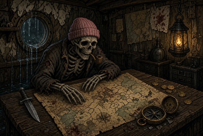A dark, gothic-style illustration of a skeleton wearing a pink beanie and tattered coat, sitting at a wooden table examining an old map with a knife, lantern, and compass nearby.