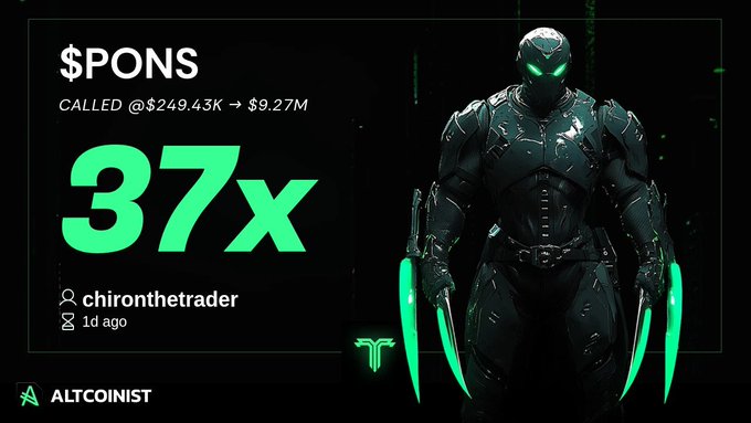 A cryptocurrency trading graphic from ALTCOINIST showing a 37x gain on '$PONS', called from @$249.43K to $9.27M by 'chironthetrader', featuring a futuristic armored character with green glowing accents.