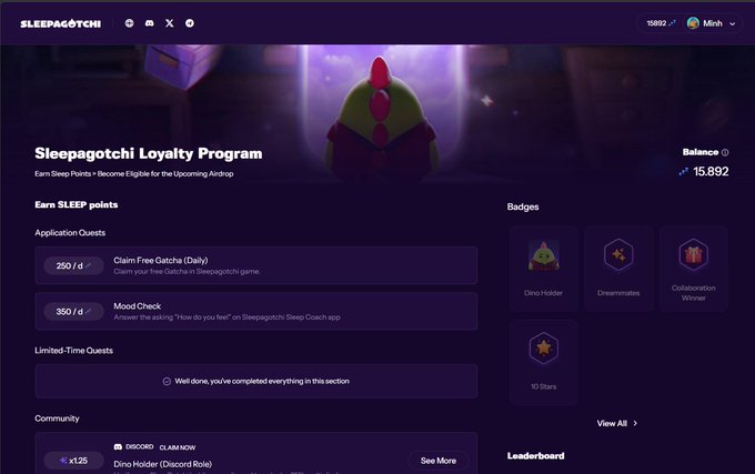 Screenshot of the Sleepagotchi Loyalty Program dashboard showing a balance of 15,892 SLEEP points, application quests like 'Claim Free Gatcha' and 'Mood Check', and earned badges.