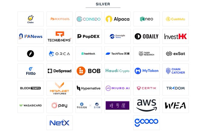 The image displays a sponsor board labeled "SILVER" featuring logos of various companies and media outlets, including Clabo, CoinSDO, Alpaca, PANews, TechHub News, PopDEX, ODaily, InvestHK, ORCA, TechFlow, DeSpread, Bob, Haodi Crypto, MyToken, Planet Ventures, Hypersign, MIURYO.AI, CERTIK, TR4DOM, AWS, WEA, GOAA, and notably NETX. The "$NETX is on board" caption indicates that NETX is listed as a Silver sponsor, as confirmed by its prominent placement in the sponsor showcase.