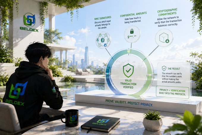A BELDEX promotional image showing a person viewing a holographic 'VALID TRANSACTION VERIFIED' display with features like 'RING SIGNATURES' and 'CONFIDENTIAL AMOUNTS.'