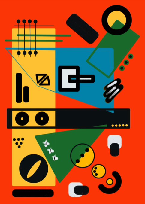 A colorful abstract geometric design on an orange background, composed of various shapes including circles, triangles, and rectangles in yellow, blue, green, and black.