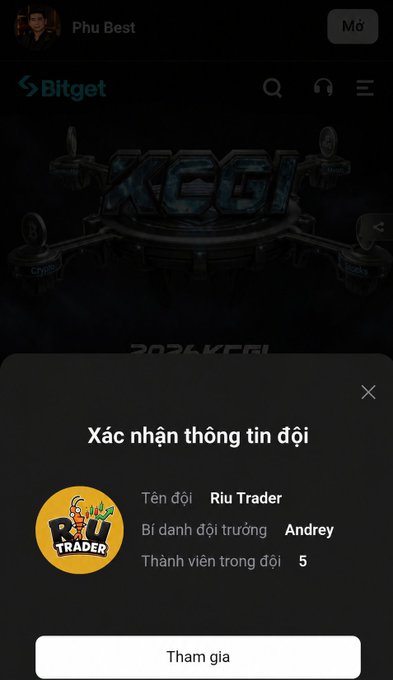 A screenshot from the Bitget app showing a KCGI event page with a pop-up confirming team information for 'Riu Trader' (captain: Andrey, 5 members) with a 'Tham gia' (Join) button.