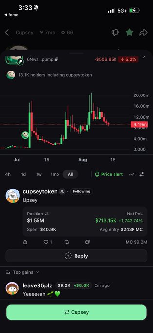 A mobile phone screenshot showing a crypto trading app (Fomo) with a 7-month chart for 'Cupsey' token, displaying +$506.85k (+5.42%) and a user post by 'cupsey token' showing a position of $1.55M with a Net PnL of $713.15K (+1,742.74%).