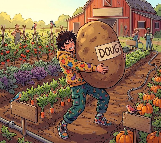 A cartoon farmer embraces a massive potato labeled "DOUG" in a vibrant farm scene, visually supporting the post's claim about OpenAI's rumored new ChatGPT model named after a potato. The whimsical illustration reinforces the playful "DOUG" branding teased on TikTok.