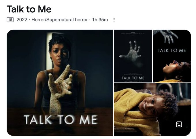 A Google search result page for the 2022 horror film "Talk to Me," rated 15, with a 1h 35m runtime, displaying promotional images featuring a young woman holding a mummified hand used to summon spirits. The image accompanies text revealing that Noah Dummett, co-owner of Shuffle, was an early investor in the film, turning a $250,000 AUD investment into $750,000 AUD that helped fund the Shuffle platform.