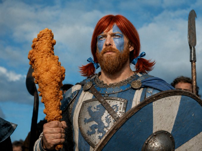 A red-haired, bearded warrior with blue face paint, wearing blue and silver medieval armor with lion heraldry, holding a fried chicken drumstick as if it were a weapon, with spears and a shield visible.