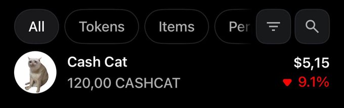A screenshot of a notification showing 120.00 CASHCAT tokens (Cash Cat) valued at $5.15, down 9.1%, likely illustrating the OpenSea mobile app notification users receive for free $5 Cashcat tokens.