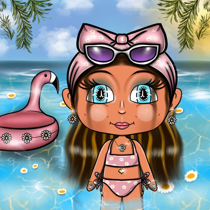 A cartoon-style illustration of a girl with large blue eyes, wearing a pink floral bikini and a matching headscarf with sunglasses on top, standing in a pool with a flamingo float nearby.