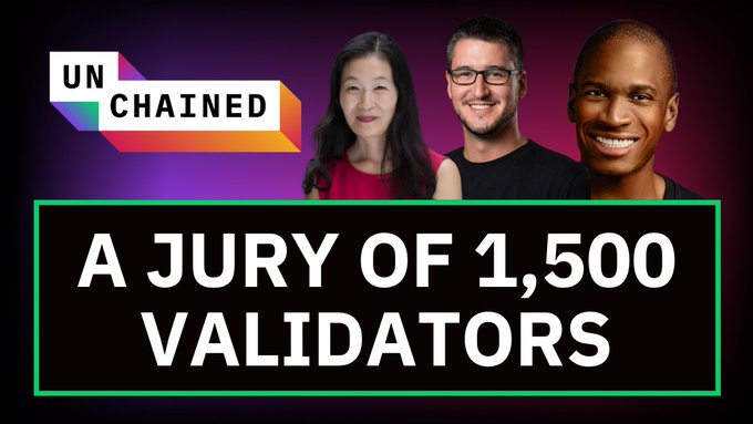 Three hosts smile above a banner reading 'A JURY OF 1,500 VALIDATORS' alongside the 'UNCHAINED' logo on a purple background.