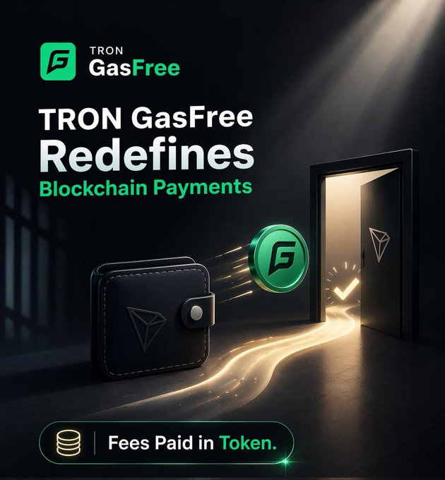 A promotional graphic for 'TRON GasFree' featuring the tagline 'Redefines Blockchain Payments' with the tagline 'Fees Paid in Token,' showing a wallet and coin imagery with green accent lighting.