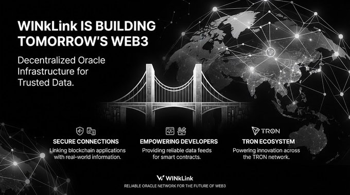 A promotional graphic stating 'WINkLink IS BUILDING TOMORROW'S WEB3 Decentralized Oracle Infrastructure for Trusted Data', featuring a globe, a bridge, and sections for 'SECURE CONNECTIONS', 'EMPOWERING DEVELOPERS', and 'TRON ECOSYSTEM'.