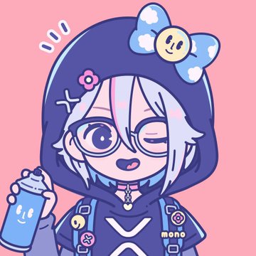 A cute chibi-style anime character with white hair wearing a purple hoodie and a blue bow with a smiley face, winking while holding a spray paint can against a pink background.