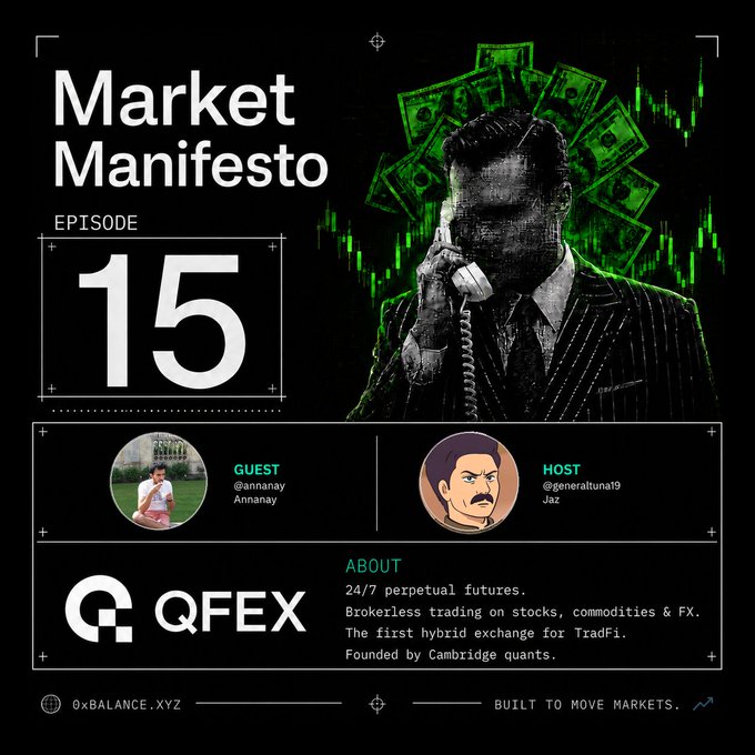 'Market Manifesto Episode 15' podcast graphic featuring QFEX, a 24/7 perpetual futures hybrid exchange, with guest @annanay and host @generaltuna19, built around a trader holding a phone.