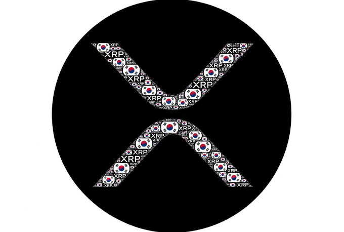 The XRP cryptocurrency logo featuring an 'X' design filled with repeated XRP text and South Korean flag motifs on a black circular background.