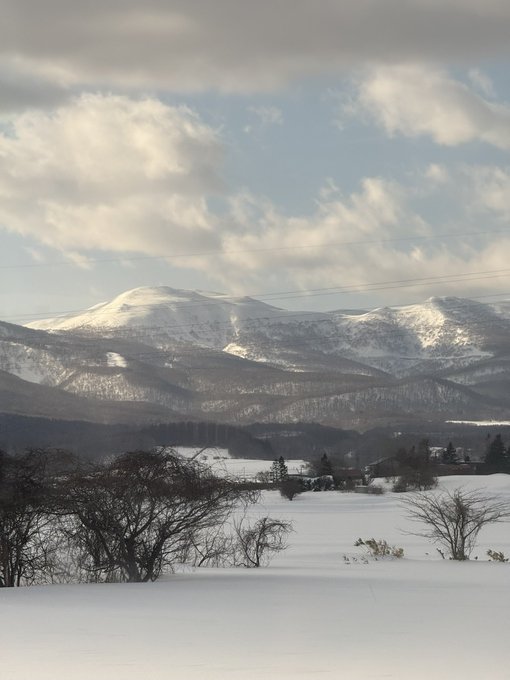 A snow-covered Japanese mountain range under a partly cloudy sky stretches across the horizon, with bare trees dotting the foreground. The image's connection to the post appears tongue-in-cheek, as the caption suggests the mountain "may or may not be related" to the TradeXYZ/Hyperliquid discussion—likely just a scenic visual pun or unrelated aesthetic choice accompanying the commentary.