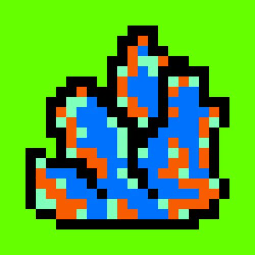 A retro pixel art image of a blue and orange flame-like character against a bright green background.