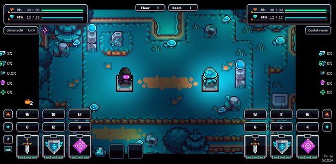 A pixel-art video game screenshot showing a top-down dungeon scene with two players, health bars, and inventory slots at the bottom of the screen.