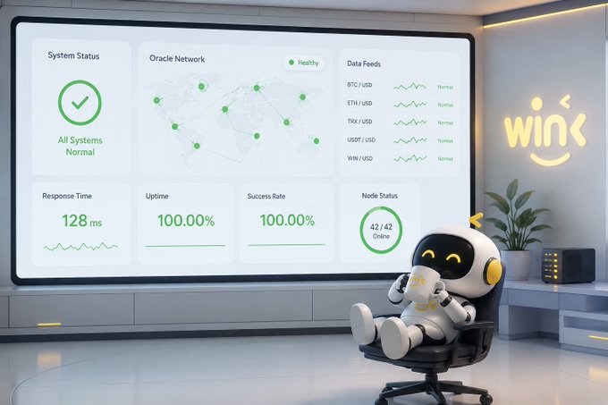A futuristic dashboard displays system status with metrics including 'System Status: All Systems Normal', 'Oracle Network', 'Data Feeds' for pairs like BTC/USD, ETH/USD, and WIN/USD, and a small robot mascot sitting in a chair next to a neon sign reading 'WINK'.