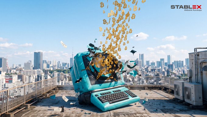 A teal vintage typewriter on a rooftop bursts open, spilling golden Bitcoin symbols and US dollar bills into the air against a city skyline. The STABLEX "Akbank Kuruluşu" logo appears in the top right, visually symbolizing the crypto market headlines and Bitcoin price movements discussed in the post.