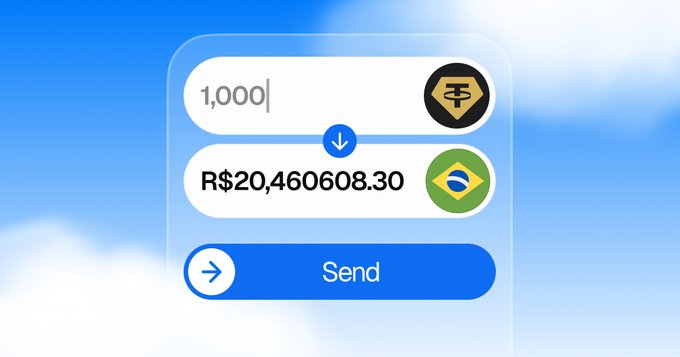 A currency conversion interface showing "1,000" XAUt (tokenized gold) converting to "R$20,460,608.30" Brazilian Real, with a "Send" button—illustrating the post's announcement that XAUt holders can now send their tokenized gold directly to a Brazilian bank account instantly without swaps.