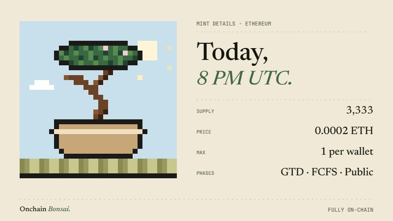 The image features a small tree growing out of a brown pot with a blue rim. The tree appears to be made from pixel art or digital illustration, giving it an artistic appearance. The text "Today, 8 PM UTC." is displayed at the top of the image, and there are two lines of text below that read "Mint Details" and "Public: 0.0006 eth / 10 per wallet". These details provide information about the tree's origin or its connection to a cryptocurrency exchange. The image does not contain any other objects or actions, so it focuses on the tree and its relationship with the post.